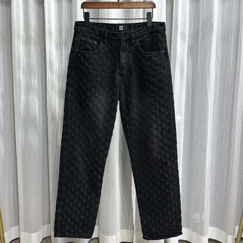 Pants High Street Jacquard Full Printed Design Jeans Men's Loose Wide Leg Pants Fashion