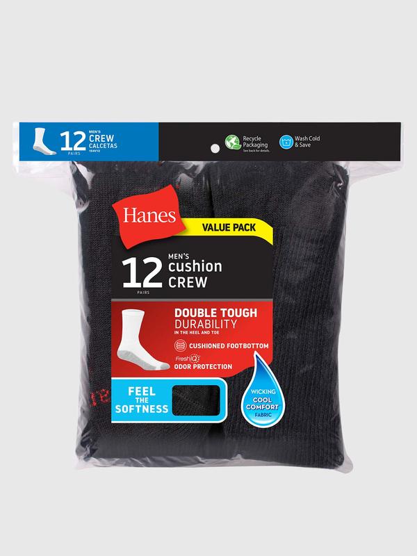 Hanes Men's Double Tough Durability Crew Socks, 12-Pack