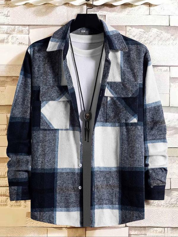 Men's Plaid Print Button Front Pocket Shirt, Regular Fit Casual Drop Shoulder Long Sleeve Top for Fall & Winter, Men's Clothes for Daily Wear