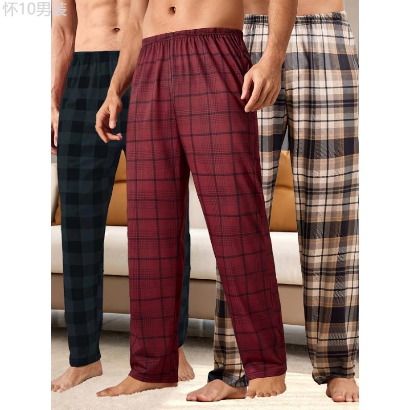 3-Pack Men'S Plaid  Pants, Polyester Sleepwear Lounge Bottoms, High Elasticity, Casual Style, Loose Fit for Teens and Adults - Autumn Winter Collection Fabric Loungewear Fabric Loungewear Menswear Stretch Menswear Stretch Homewear  Set Pjs Trouser