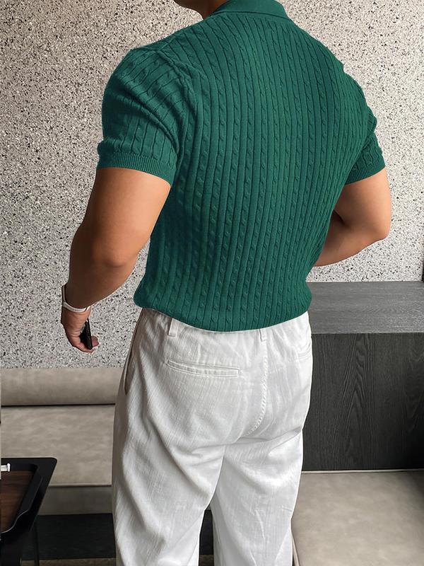 Men's Plain Textured Collared Knit Top, Casual Short Sleeve Knitwear, Summer Clothes, Men's Summer Streetwear Knit Clothing for Daily Wear, Menswear