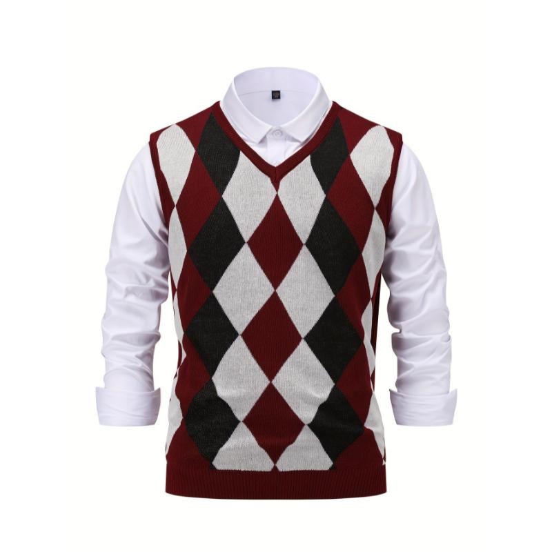 Men's Argyle Graphic Print Knitted Sleeveless Sweater, Casual V Neck Vest For Outdoor Activities