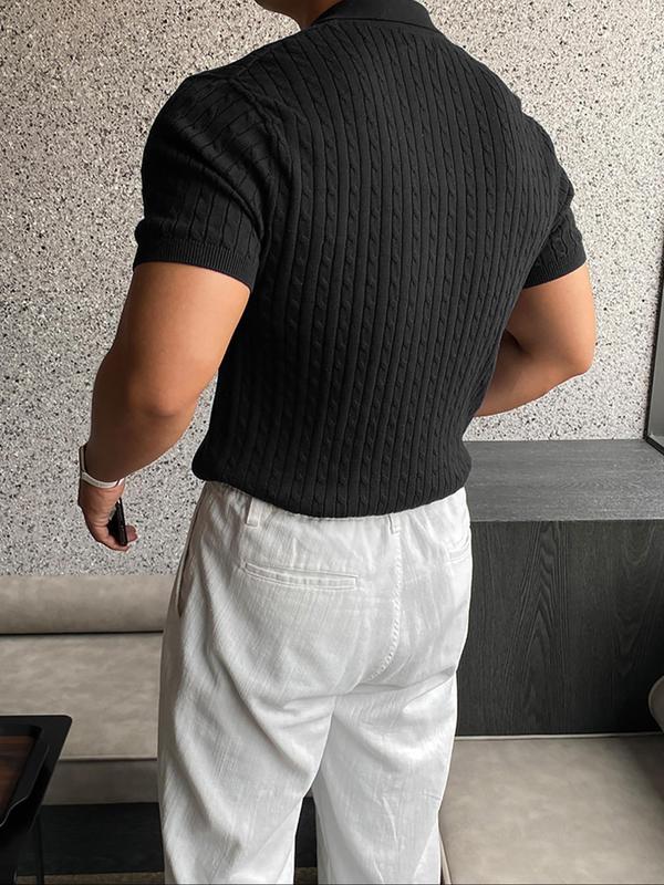 Men's Plain Textured Collared Knit Top, Casual Short Sleeve Knitwear, Summer Clothes, Men's Summer Streetwear Knit Clothing for Daily Wear, Menswear