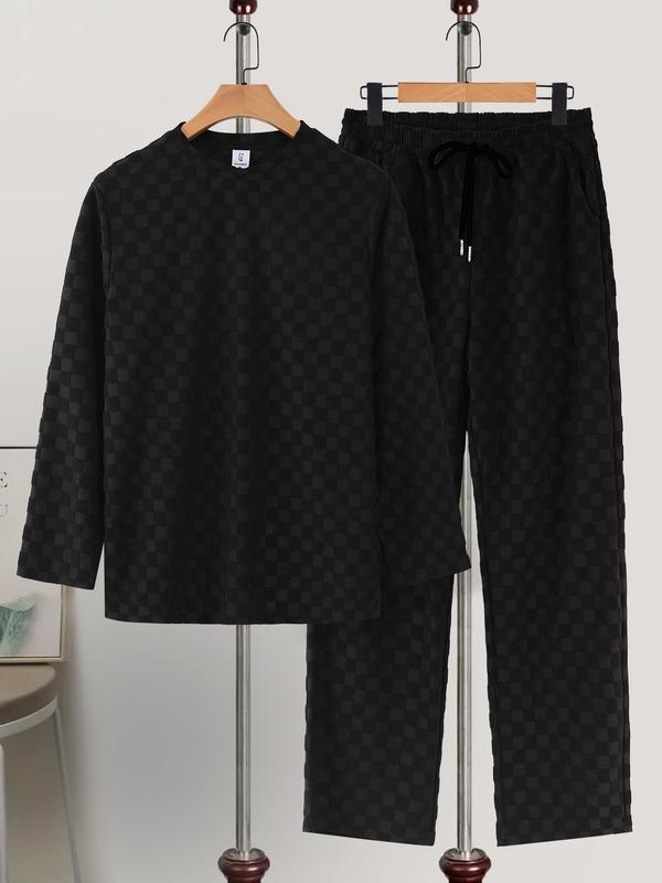 Men's All Over Geometric Textured Long Sleeve Top & Drawstring Waist Pants Loungewear Two-piece Set, Casual Comfy Round Neck Top & Trousers PJ Set, Men Sleepwear for Spring & Fall