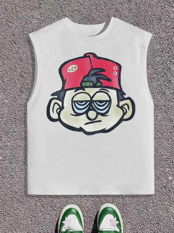 Men's Cartoon Figure Print Round Neck Tank Top, Regular Fit Casual Sleeveless Crew Neck Top for Summer, Men's Clothes for Daily Wear