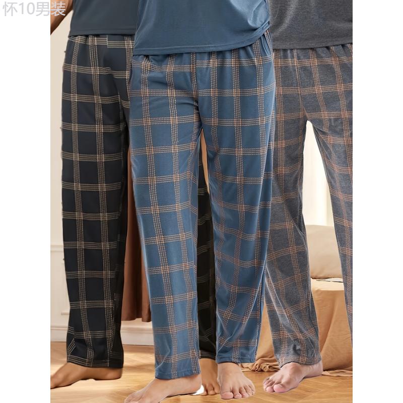 3-Pack Men'S Plaid  Pants, Polyester Sleepwear Lounge Bottoms, High Elasticity, Casual Style, Loose Fit for Teens and Adults - Autumn Winter Collection Fabric Loungewear Fabric Loungewear Menswear Stretch Menswear Stretch Homewear  Set Pjs Trouser