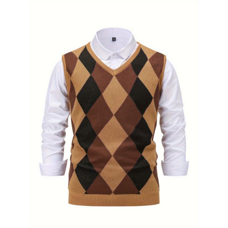 Men's Argyle Graphic Print Knitted Sleeveless Sweater, Casual V Neck Vest For Outdoor Activities