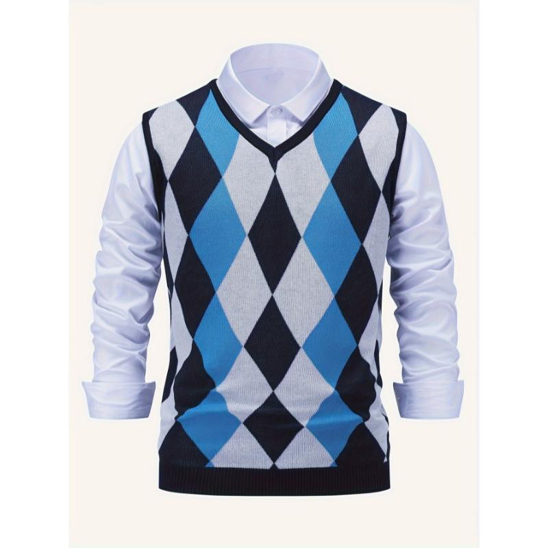 Men's Argyle Graphic Print Knitted Sleeveless Sweater, Casual V Neck Vest For Outdoor Activities