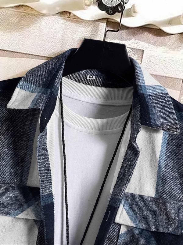 Men's Plaid Print Button Front Pocket Shirt, Regular Fit Casual Drop Shoulder Long Sleeve Top for Fall & Winter, Men's Clothes for Daily Wear