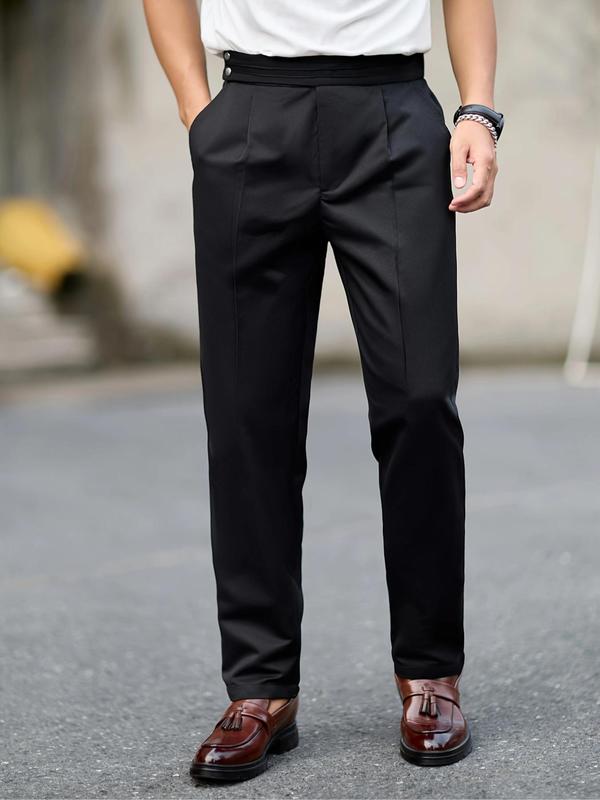 Men's Solid Pocket Button Suit Pants, Regular Fit Business Formal Pants for Work Office, Men's Trousers for Spring & Fall