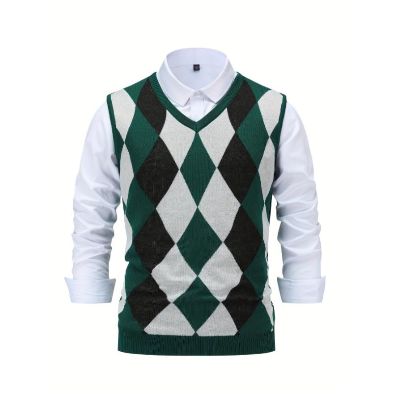 Men's Argyle Graphic Print Knitted Sleeveless Sweater, Casual V Neck Vest For Outdoor Activities