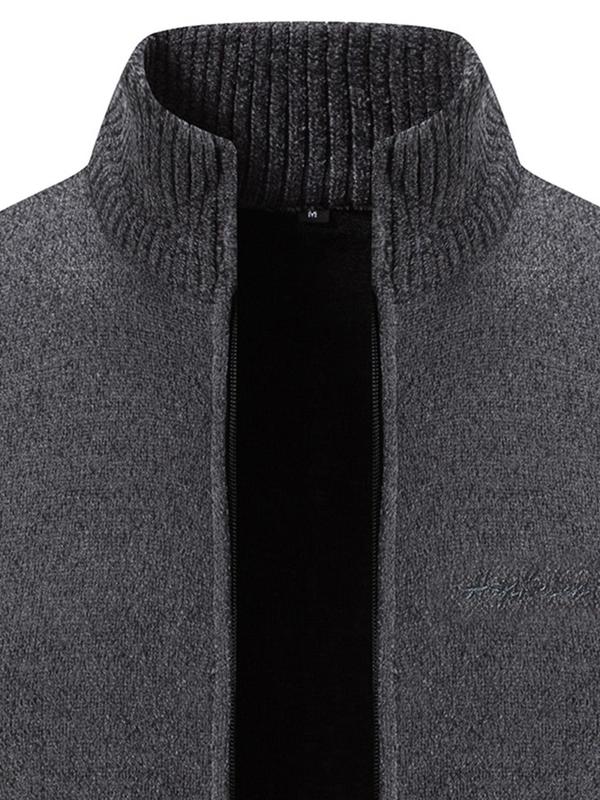 Men's Letter Embroidery Pocket Zipper Cardigan, Regular Fit Casual Long Sleeve Stand Collar Knitwear for Fall & Winter, Men's Knit Clothing for Daily Wear