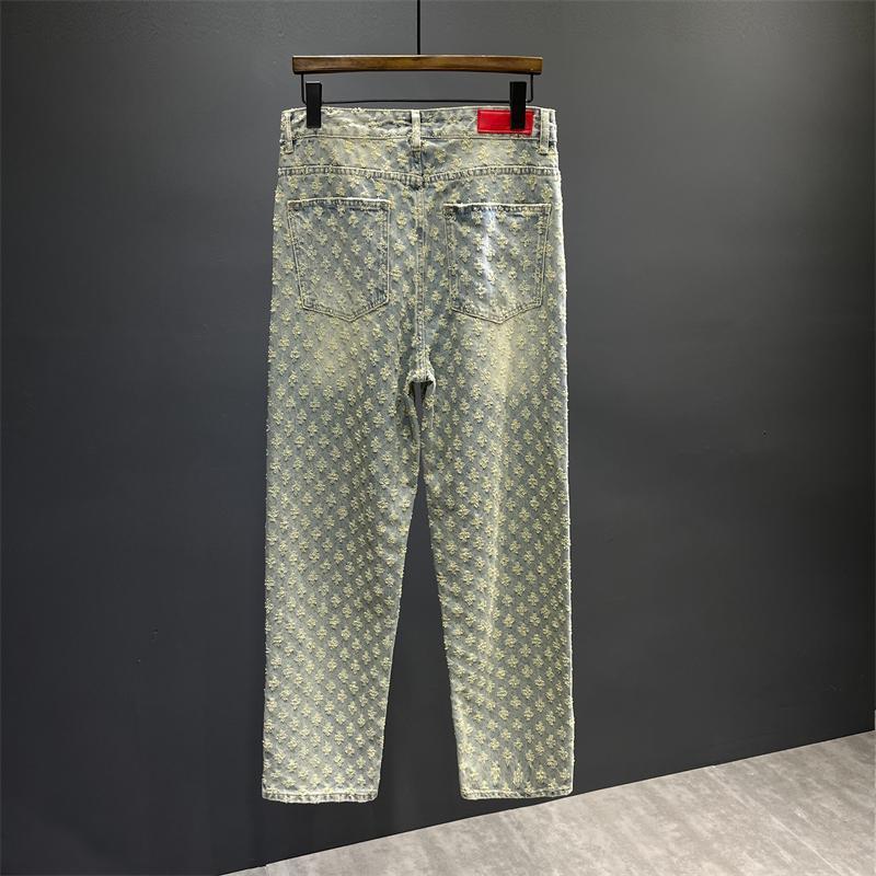 Pants High Street Jacquard Full Printed Design Jeans Men's Loose Wide Leg Pants Fashion