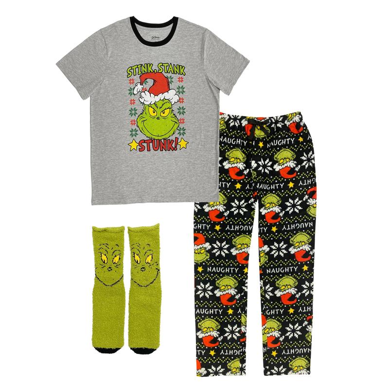 Dr. Seuss GRINCH Stink, Stank, Stunk! 3 Piece Gift Pajama Set - Fleece Pajama Pants, Shirt, And Cozy Socks