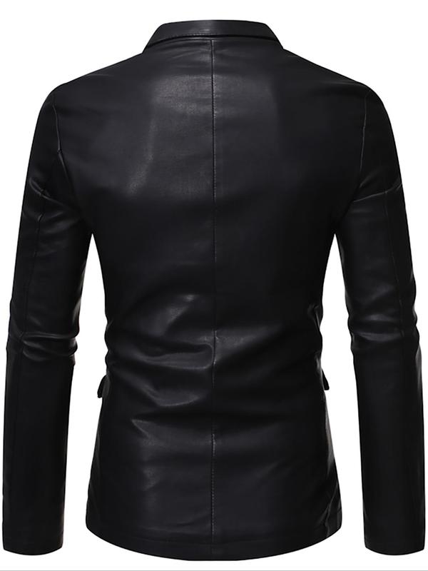 Men's Solid Button Front Lapel Jacket, Casual Regular Fit Long Sleeve PU Leather Outerwear For All Seasons, Fashion Men's Clothing For Daily Wear