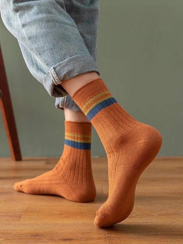 Men's Patchwork Striped Print Contrast Binding Crew Socks, Casual Comfy Breathable Mid-calf Socks for Daily Wear, Men's Socks for Spring & Fall