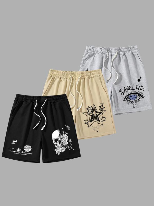 Men's Skull & Star & Eye Print Drawstring Waist Shorts, Casual Regular Fit Pocket Track Shorts for Summer, Men's Bottoms for Daily Wear