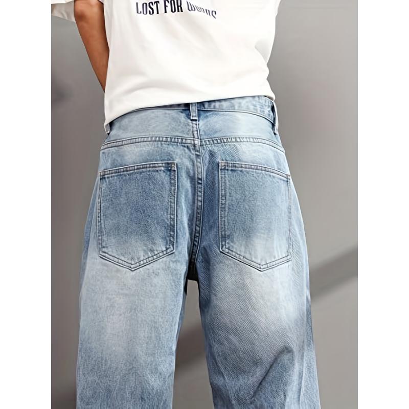 Breathable All-Season Ripped Jeans - Trendy, Loose Fit Cotton Denim with Easy Care and Button Fly for the Casual Man