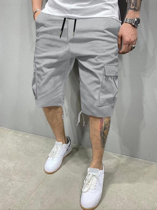 Men's Regular Fit Solid Patched Drawstring Waist Cargo Shorts, Casual Comfy Straight Leg Shorts for Summer, Streetwear Bottoms for Men, Men's Shorts, Plain Pocket Menswear