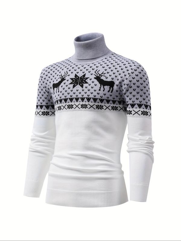 Men's Colorblock Christmas Print High Neck Sweater, Regular Fit Casual Long Sleeve Jumper for Fall & Winter, Men's Knitwear for Daily Wear