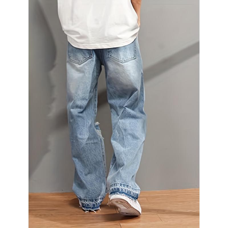 Breathable All-Season Ripped Jeans - Trendy, Loose Fit Cotton Denim with Easy Care and Button Fly for the Casual Man