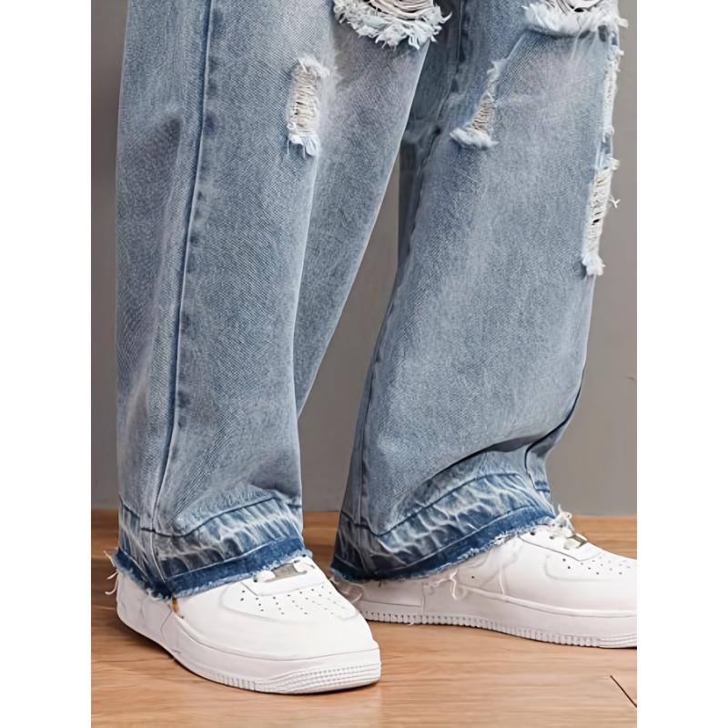 Breathable All-Season Ripped Jeans - Trendy, Loose Fit Cotton Denim with Easy Care and Button Fly for the Casual Man