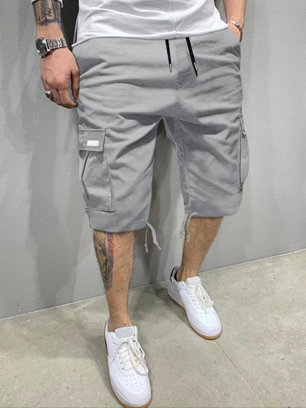 Men's Regular Fit Solid Patched Drawstring Waist Cargo Shorts, Casual Comfy Straight Leg Shorts for Summer, Streetwear Bottoms for Men, Men's Shorts, Plain Pocket Menswear