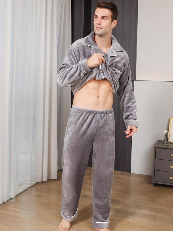 Men's Contrast Binding Pyjama Set, Loose Long Sleeve Button Front Lapel Shirt & Elastic Waist Pants Pj Set, Lounge Co-ord Set, Men's Sleepwear