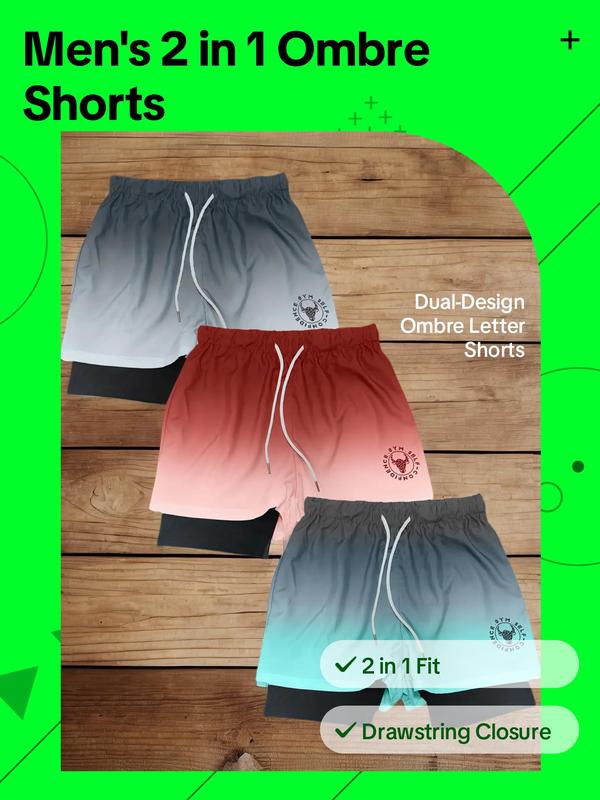 Men's 2 in 1 Ombre Letter Print Drawstring Waist Back To School Shorts, Casual Soft Comfy Regular Fit Straight Leg Shorts for Daily Outdoor Wear, Shorts for Men, Graphic Men Shorts, Men's Bottoms for Fall