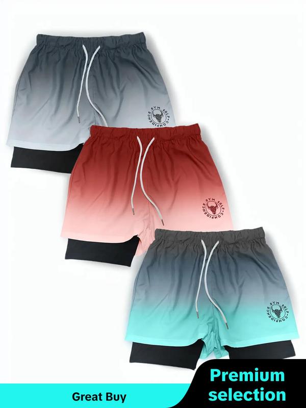 Men's 2 in 1 Ombre Letter Print Drawstring Waist Back To School Shorts, Casual Soft Comfy Regular Fit Straight Leg Shorts for Daily Outdoor Wear, Shorts for Men, Graphic Men Shorts, Men's Bottoms for Fall