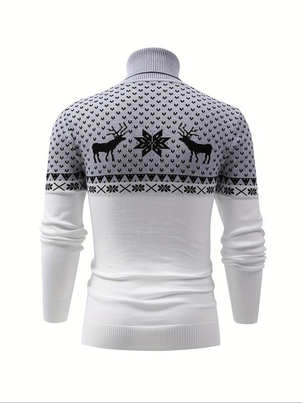 Men's Colorblock Christmas Print High Neck Sweater, Regular Fit Casual Long Sleeve Jumper for Fall & Winter, Men's Knitwear for Daily Wear