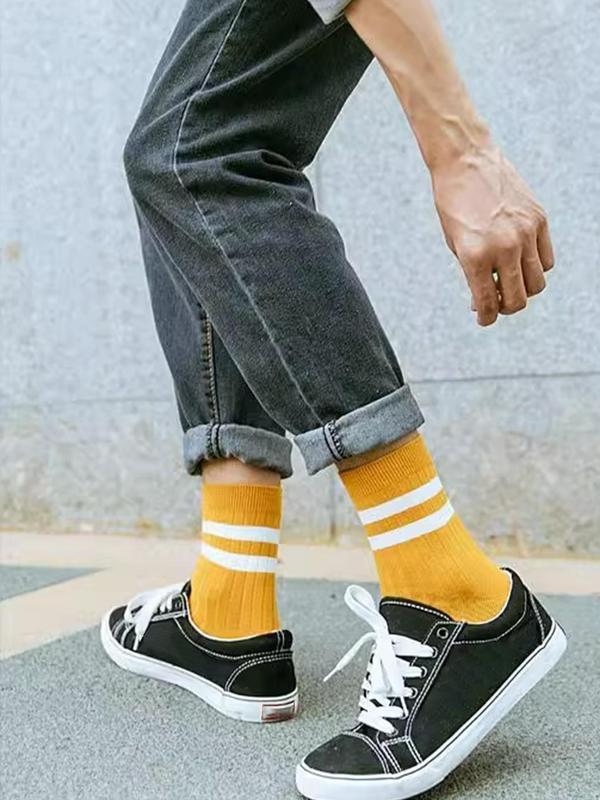 Men's Striped Print Crew Socks, Casual Comfortable Breathable Mid-calf Socks for Daily Wear, Summer Wear 2024, Multipack Knit Socks for Spring & Fall, Fall Wear