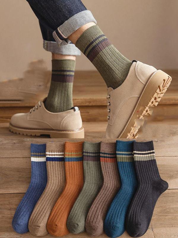 Men's Patchwork Striped Print Contrast Binding Crew Socks, Casual Comfy Breathable Mid-calf Socks for Daily Wear, Men's Socks for Spring & Fall