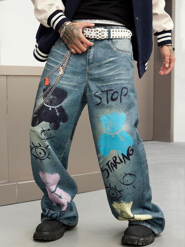 Men's Denim-Effect Print Pocket Button Zipper Wide Leg Pants, Street Fashion Casual Loose Trousers for Daily Wear, Men's Bottoms for All Seasons