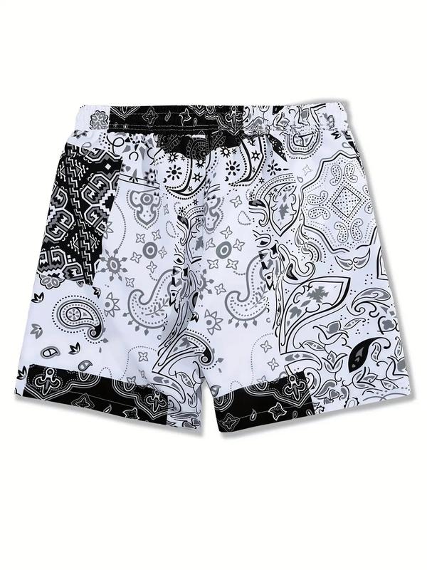 Men's Summer Clothes Loose Ethnic Pattern Drawstring Waist Shorts, Stylish Menswear, Bohemian Breathable Casual Pocket Design Shorts for Summer, Mens Clothing, Men's Bottoms for Daily Wear, Shorts for Men, Mens Shorts, Summer Outfits 2024