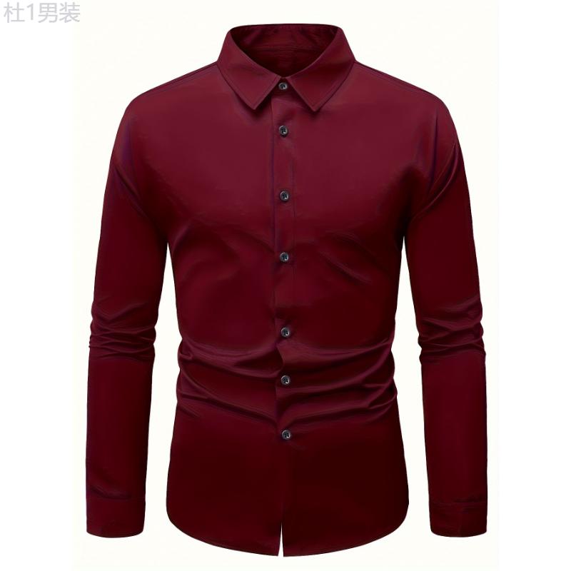 Men's Fashion Solid Burgundy Dress Shirt Polyester 100% Skinny Fit Long Sleeve All-Season Lapel Collar Button Detail Slight Stretch Woven Tuxedo Shirt