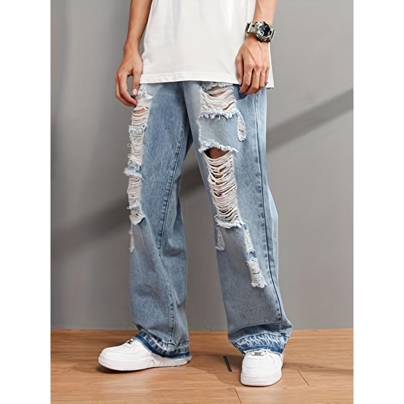 Breathable All-Season Ripped Jeans - Trendy, Loose Fit Cotton Denim with Easy Care and Button Fly for the Casual Man