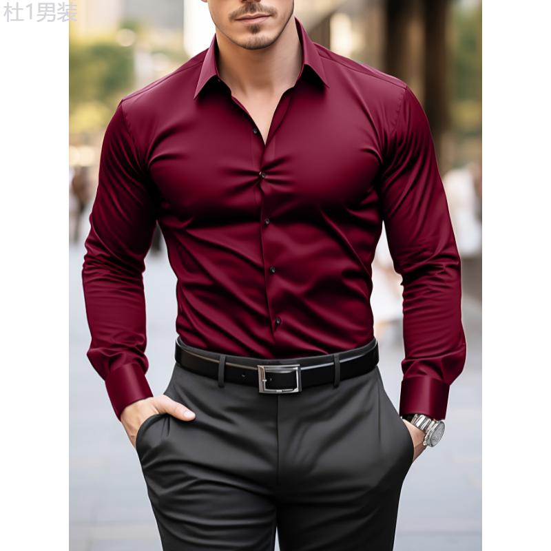 Men's Fashion Solid Burgundy Dress Shirt Polyester 100% Skinny Fit Long Sleeve All-Season Lapel Collar Button Detail Slight Stretch Woven Tuxedo Shirt