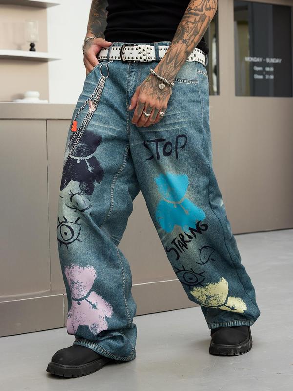 Men's Denim-Effect Print Pocket Button Zipper Wide Leg Pants, Street Fashion Casual Loose Trousers for Daily Wear, Men's Bottoms for All Seasons