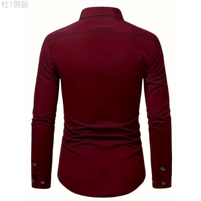 Men's Fashion Solid Burgundy Dress Shirt Polyester 100% Skinny Fit Long Sleeve All-Season Lapel Collar Button Detail Slight Stretch Woven Tuxedo Shirt