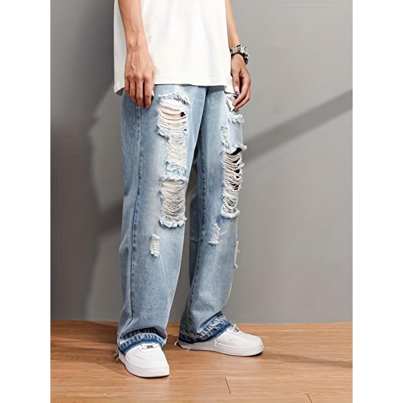 Breathable All-Season Ripped Jeans - Trendy, Loose Fit Cotton Denim with Easy Care and Button Fly for the Casual Man