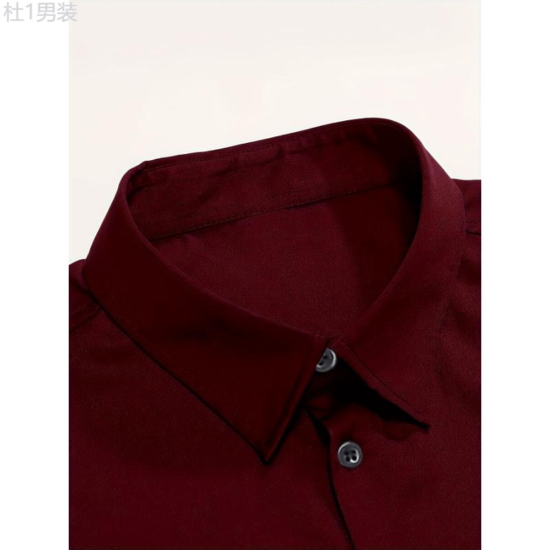 Men's Fashion Solid Burgundy Dress Shirt Polyester 100% Skinny Fit Long Sleeve All-Season Lapel Collar Button Detail Slight Stretch Woven Tuxedo Shirt