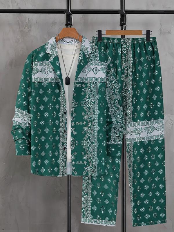 Two-Piece Set Men's Ethnic Pattern Button Front Shirt & Elastic Waist Pants Pyjama, Regular Fit Casual Comfy Long Sleeve Lapel Top & Trousers PJ Set, Men's Sleepwear for Spring & Fall