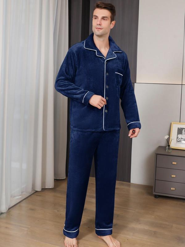 Men's Contrast Binding Pyjama Set, Loose Long Sleeve Button Front Lapel Shirt & Elastic Waist Pants Pj Set, Lounge Co-ord Set, Men's Sleepwear