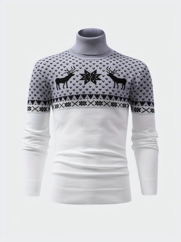 Men's Colorblock Christmas Print High Neck Sweater, Regular Fit Casual Long Sleeve Jumper for Fall & Winter, Men's Knitwear for Daily Wear