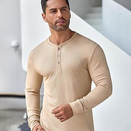 COOFANDY Chinos Menswear Long Sleeve Henley Shirts Stretch Ribbed Fashion Casual Basic Tops Classic Coat Collar Comfy Collar Comfy Fitted Formal