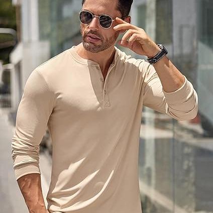 COOFANDY Chinos Menswear Long Sleeve Henley Shirts Stretch Ribbed Fashion Casual Basic Tops Classic Coat Collar Comfy Collar Comfy Fitted Formal