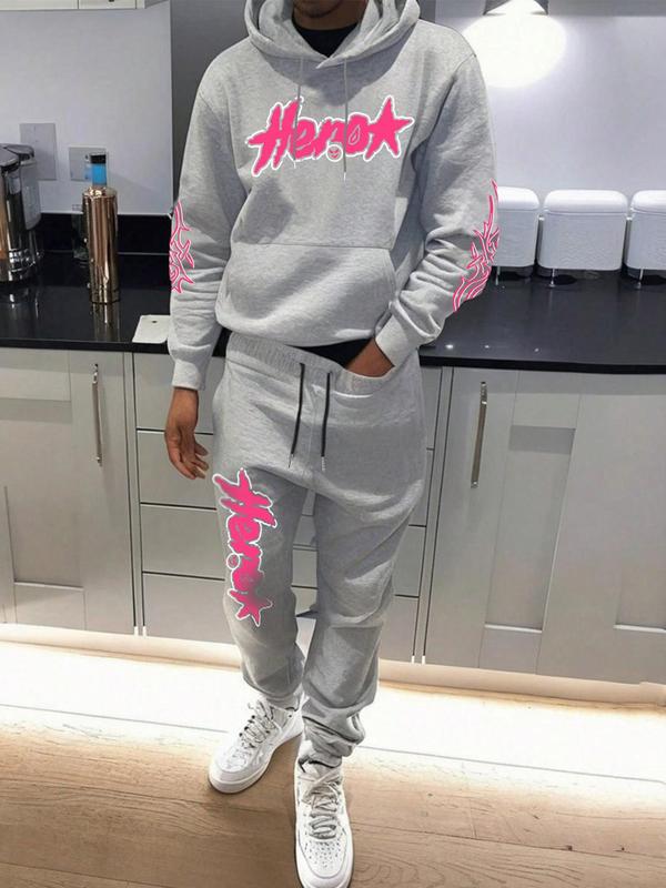 Men's Letter Print Hoodie Sweatshirt & Drawstring Waist Sweatpants Set, Regular Fit Casual Long Sleeve Hooded Pullover & Pocket Jogger Pants, Men's Fall & Winter Clothes