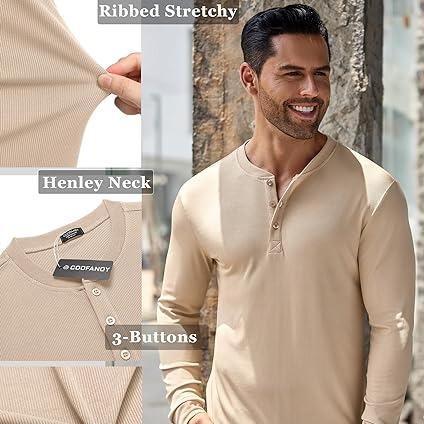 COOFANDY Chinos Menswear Long Sleeve Henley Shirts Stretch Ribbed Fashion Casual Basic Tops Classic Coat Collar Comfy Collar Comfy Fitted Formal