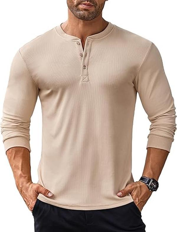 COOFANDY Chinos Menswear Long Sleeve Henley Shirts Stretch Ribbed Fashion Casual Basic Tops Classic Coat Collar Comfy Collar Comfy Fitted Formal